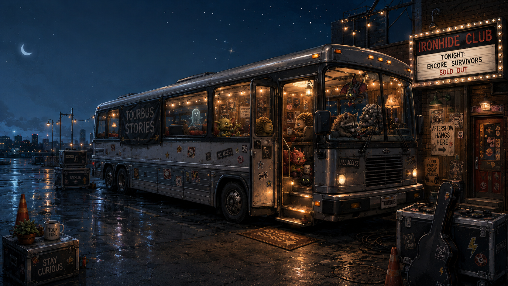 A strange little tour bus waiting outside after the show
